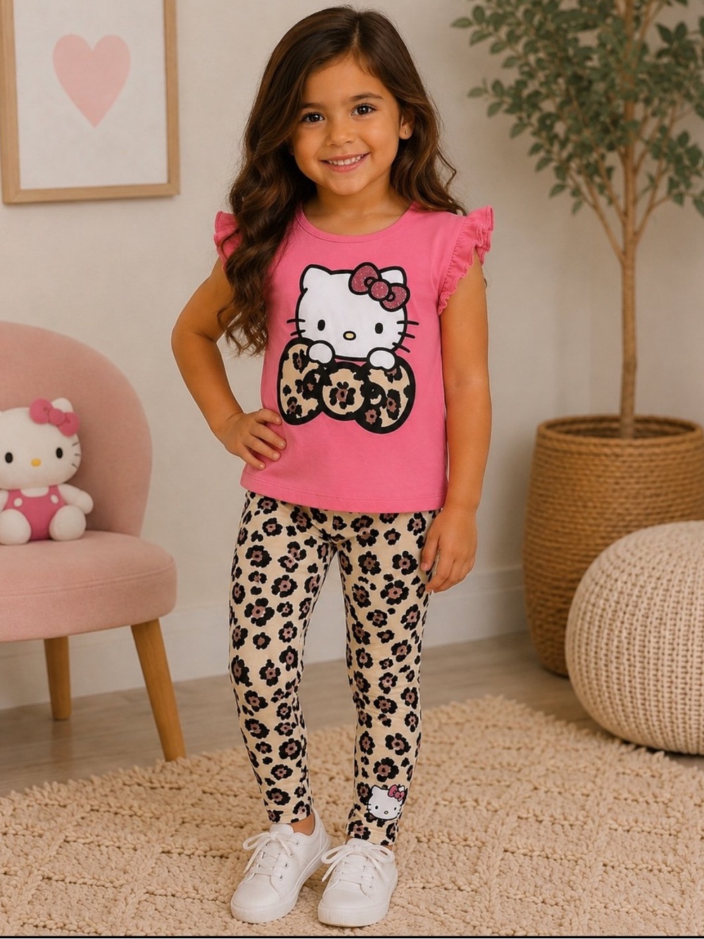 Hello Kitty Pink Short Sleeve Top and Leopard Print Leggings Set Size 5-6